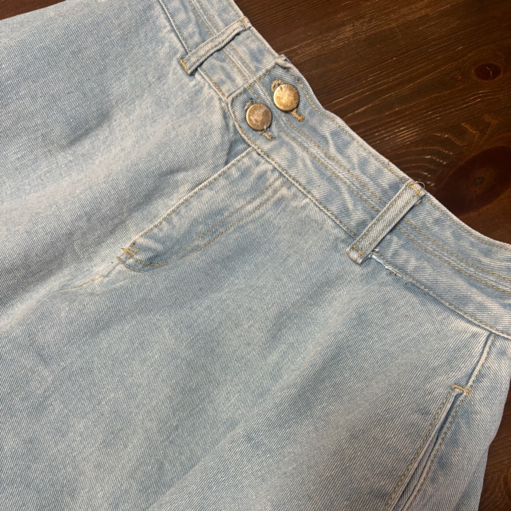 BLUE DENIM MINI HIGH RISE FLARED WIDE LEG FRAYED RAW HEM SHORTS SIZE XL - Picture 5 of 9